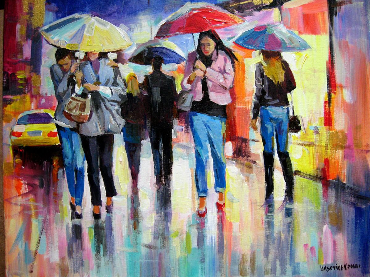 Impressionistic Cityscapes Acrylic Painting By Vladimir Lutsevich, 20 X 16", In The City Of Rain, Original Artwork