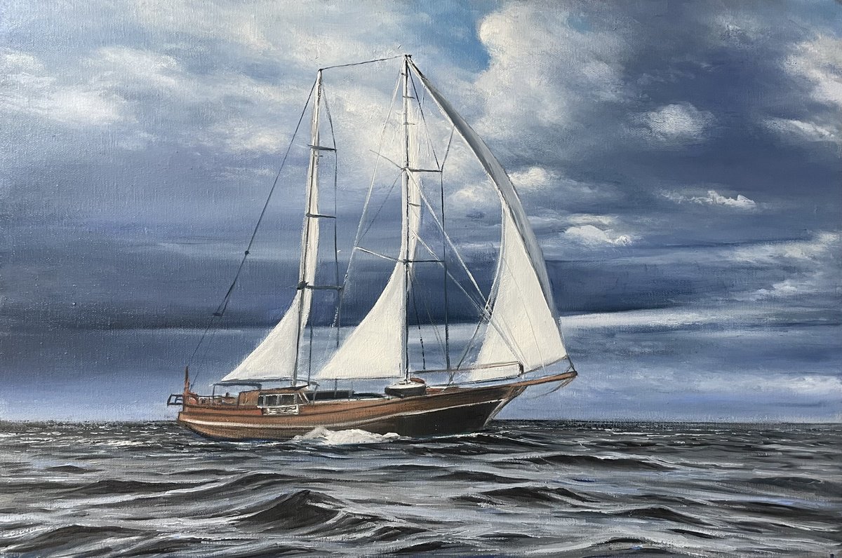 Photorealistic Landscape Oil Painting By Aflatun Israilov, 24 X 16, Sailing In Winds Of Freedom, Original Artwork