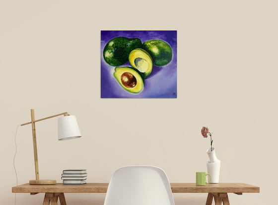 Avocado . Purple, green, photorealistic still life.