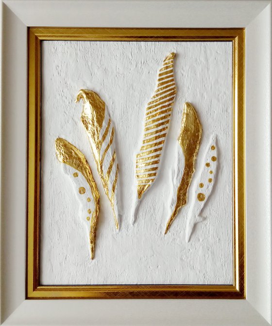 sculptural wall art "Golden feathers"