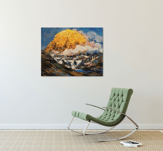 HIMALAYAS.  KAILASH MOUNT - landscape art, mountainscape, mountain, yellow sunset over the mountains 72x91