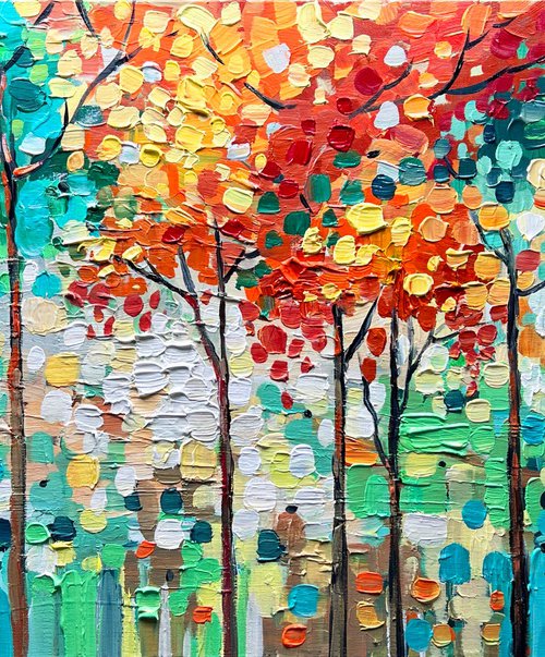 Emerald Moments - Abstract Colorful Trees Painting, Blossom Landscape Canvas Wall Art Painting, Large Abstract Landscape by Lana Guise