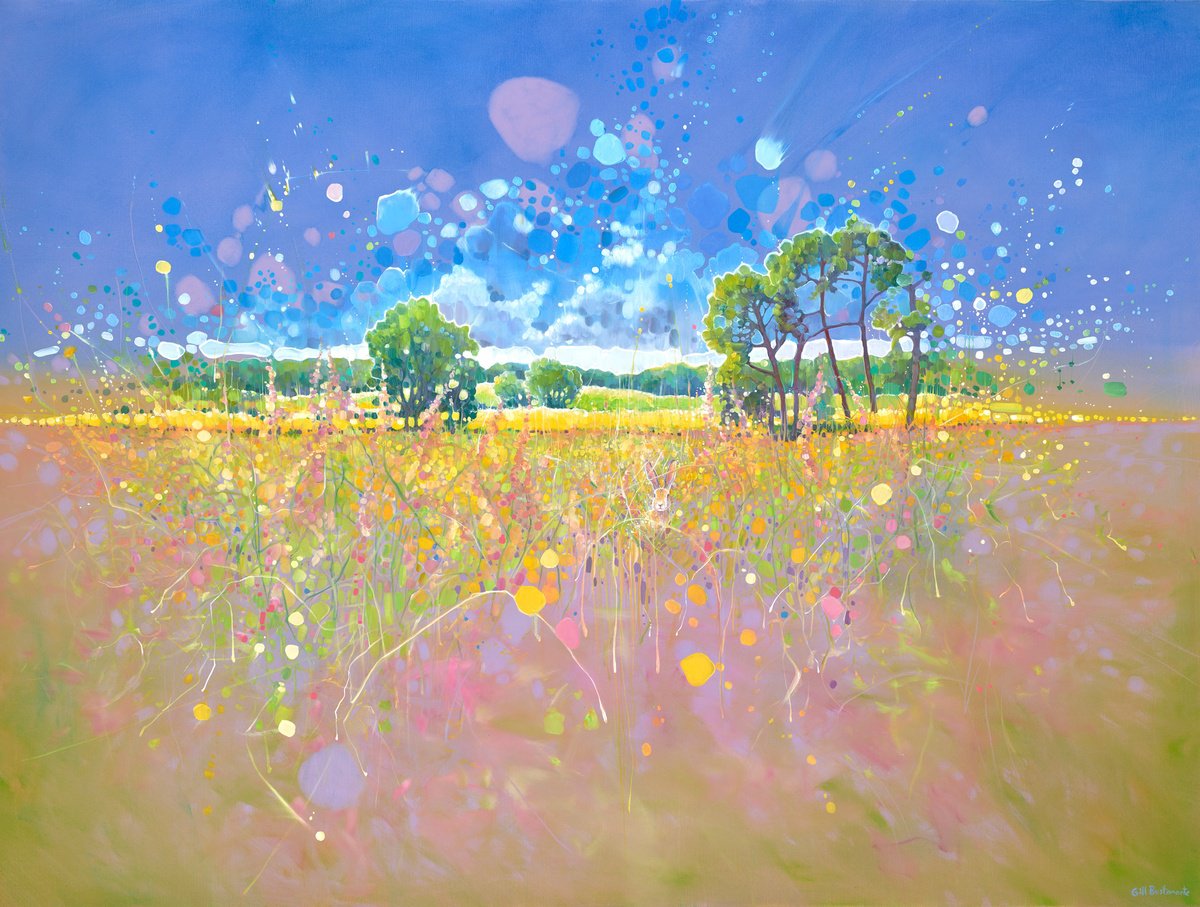 Expressive Landscape Oil Painting By Gill Bustamante, 48 X 36, Transcendent Springtime With Hare, Original Artwork