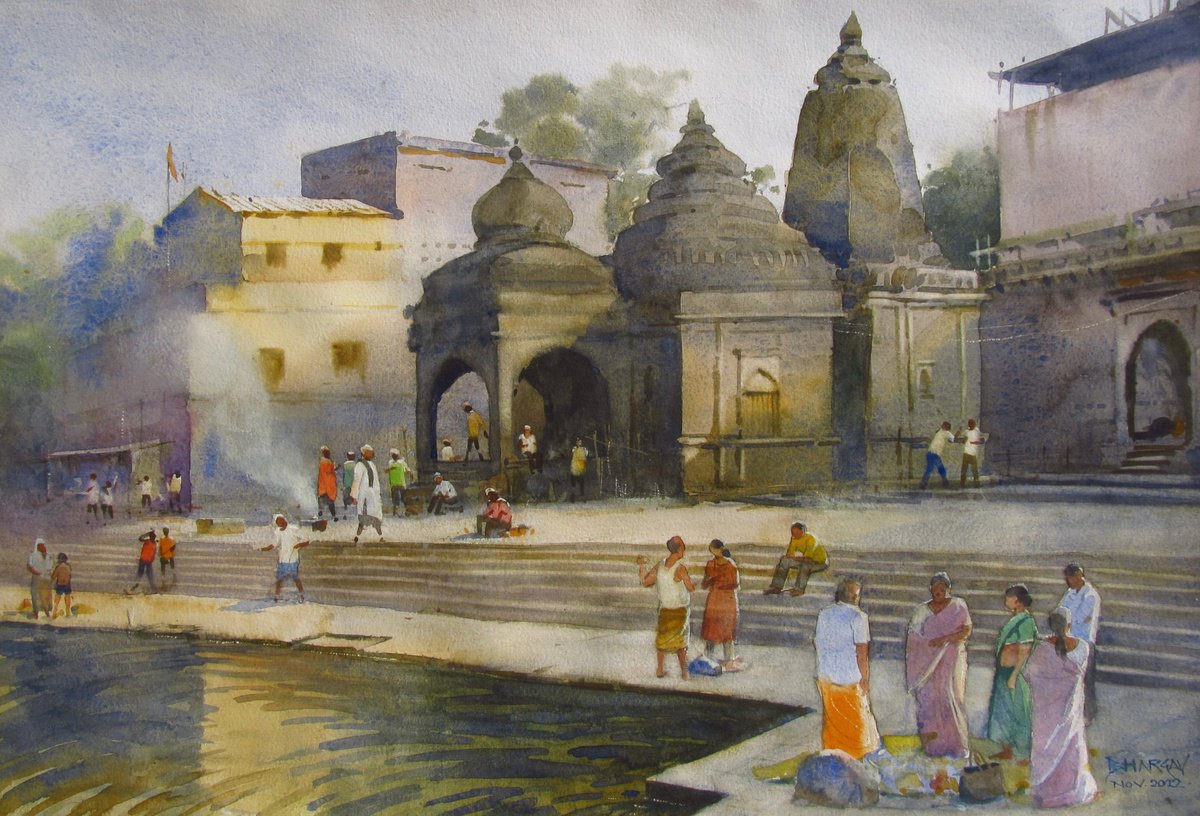 Impressionistic Landscape Watercolour By Bhargavkumar Kulkarni, 22 X 15, Serenity Of Godavari Ghat, Original Artwork