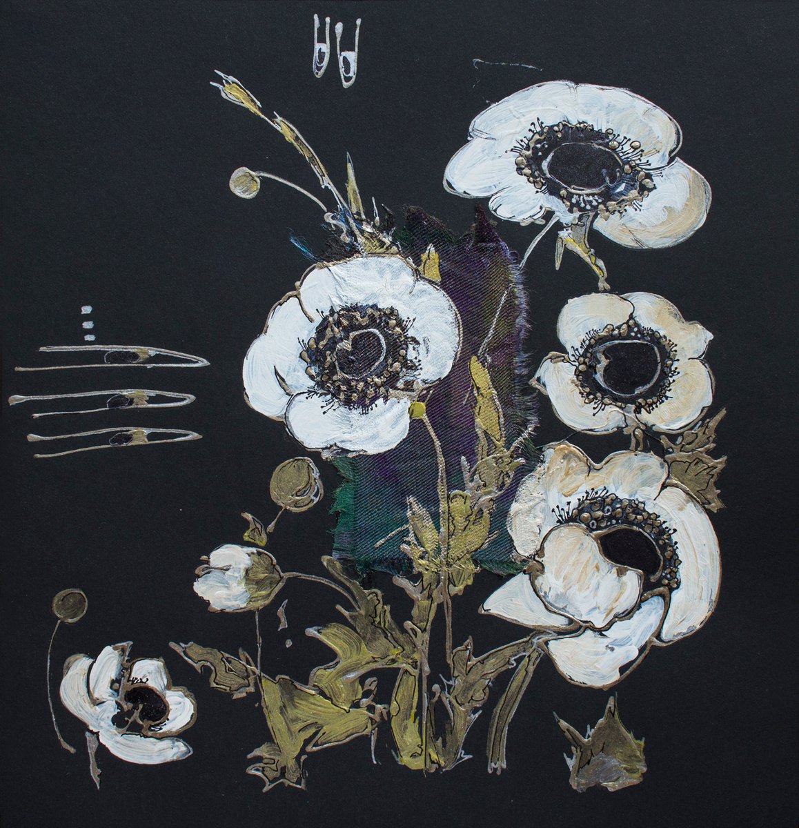 White anemones in the night garden (White anemones on black) by Vlada Lisowska