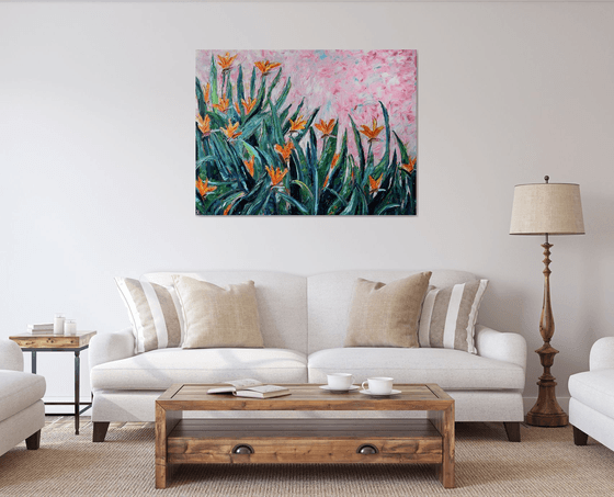 Big original oil painting Flowers Bird of paradise