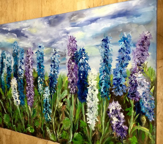 Delphiniums  in Regents Park in London, English garden,  meadow in summer flowers palette  knife modern  flowers office home decor gift