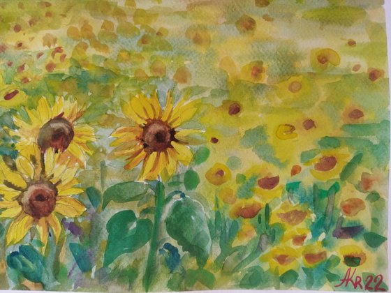 Sunflower field - Landscape - Watercolor