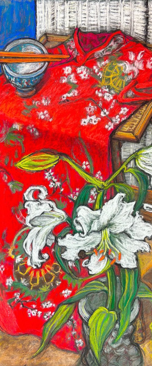 WHITE LILIES AND RED KIMONO by Patricia Clements