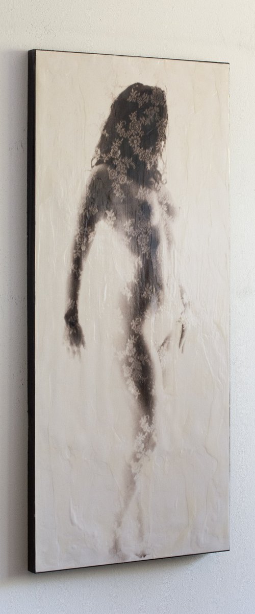 "Caught in hope" (80x35x2,5cm) - Unique figurative artwork on wood (abstract, figurative, gouache, original, painting, coffee, acrylic, oil, watercolor, encaustics, beeswax, resin, wood, fingerpaint) by Rouzbeh Tahmassian