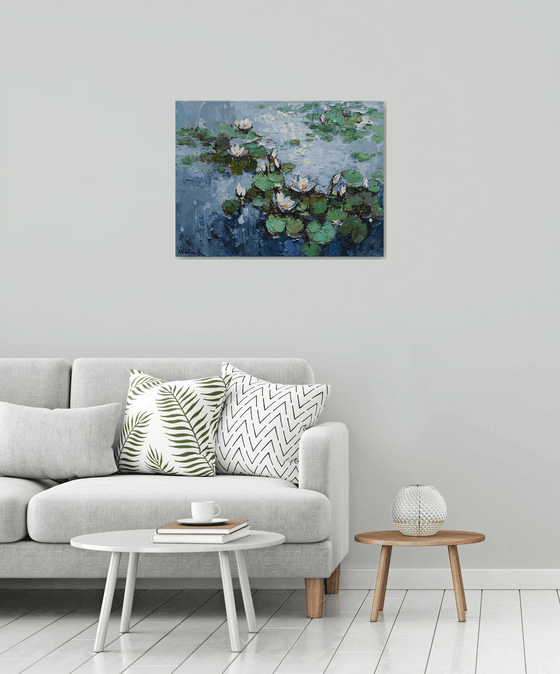 White Water Lilies in pond -  Original Oil painting