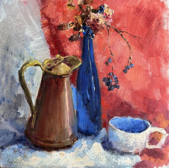 Blue on a red background