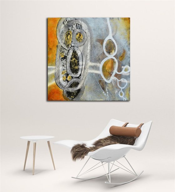 Evolution Series - large abstract painting with grey, yellow and white on wood.