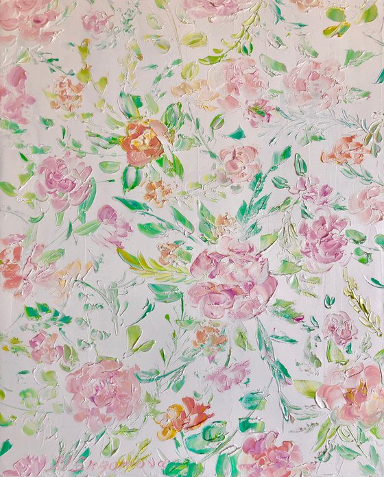 ROULETTI ROSES - Beauty of nature. Charming roses. Floral texture. Pastel palette. Provence style. Large strokes. Bush.