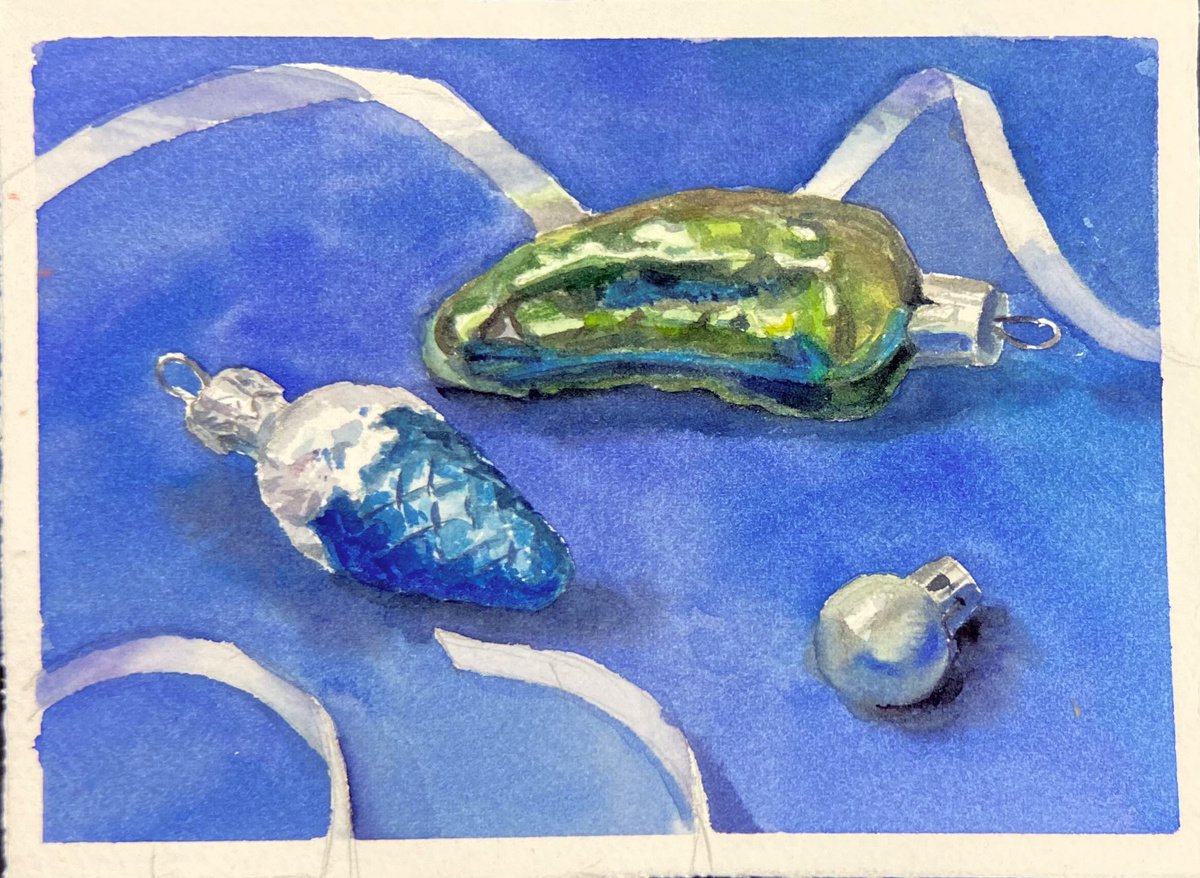 Christmas decorations on blue | little watercolor etude by Nataliia Nosyk