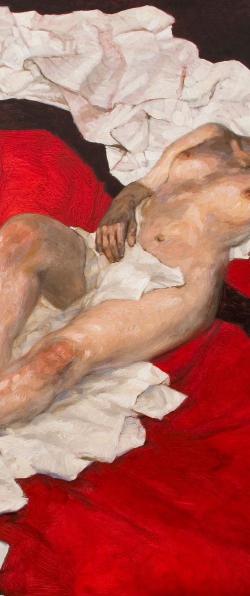 Joanna in red - modern painting of nude woman by Olivier Payeur