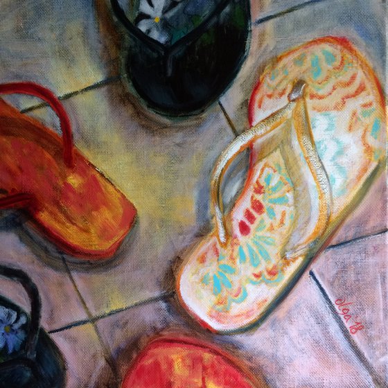 Original oil painting with flipflops - Shoes square canvas wall art - Contemporary portrait