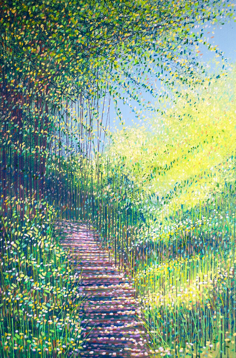 Impressionistic Landscape Acrylic Painting By Marc Todd, 20 X 30", Forest Path In Sunlight, Original Artwork