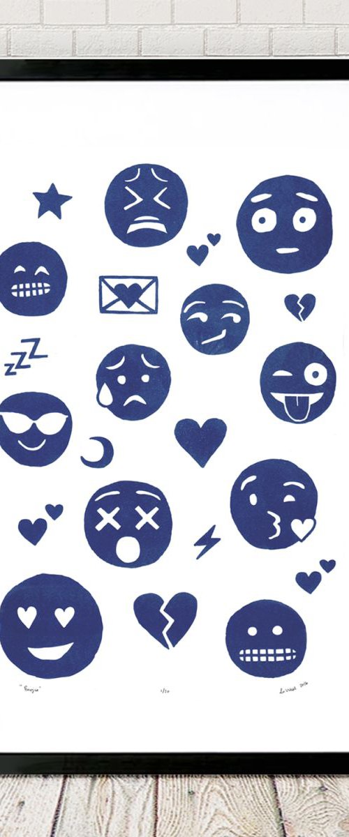 Emoji Print in Delft Blue - Framed - FREE UK Delivery by Lu West