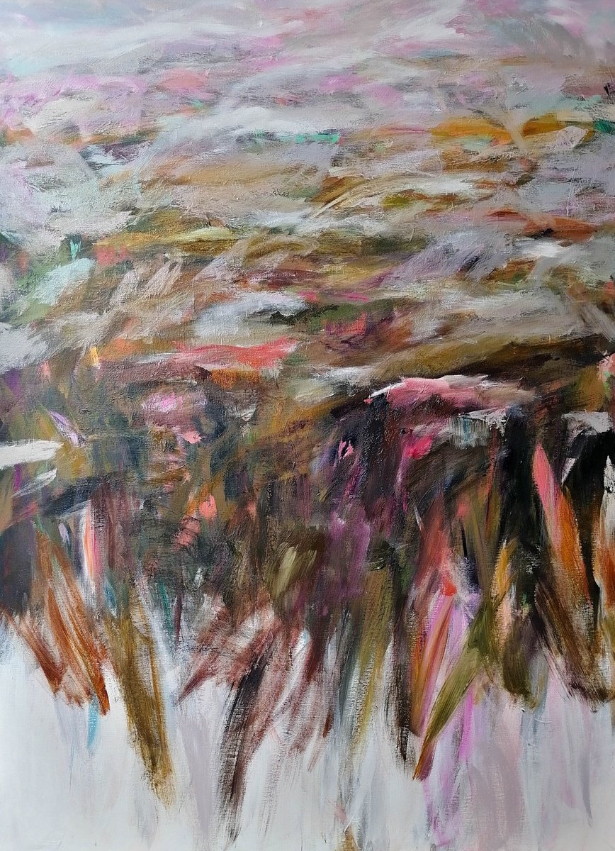 Organic Landscape Oil Painting By Zuzana Petrakova, 31 X 43", Wildflower Meadow In May, Original Artwork