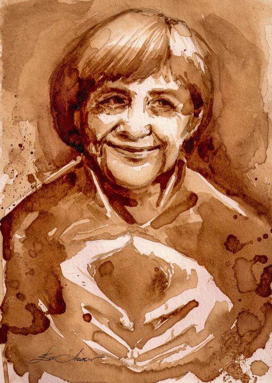 Portrait of Angela Merkel painted with coffee