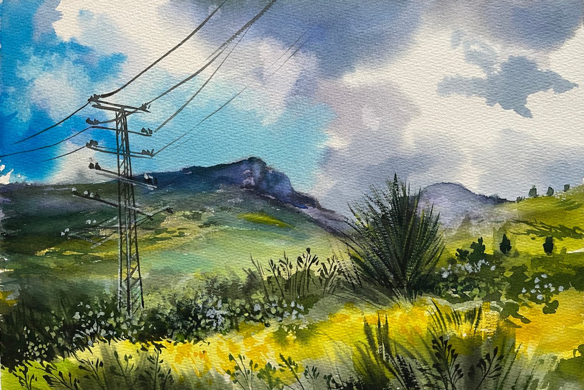 Impressionistic Landscape Watercolour By Maria Kireev, 14 X 9", The Hills Of Galilee, Original Artwork