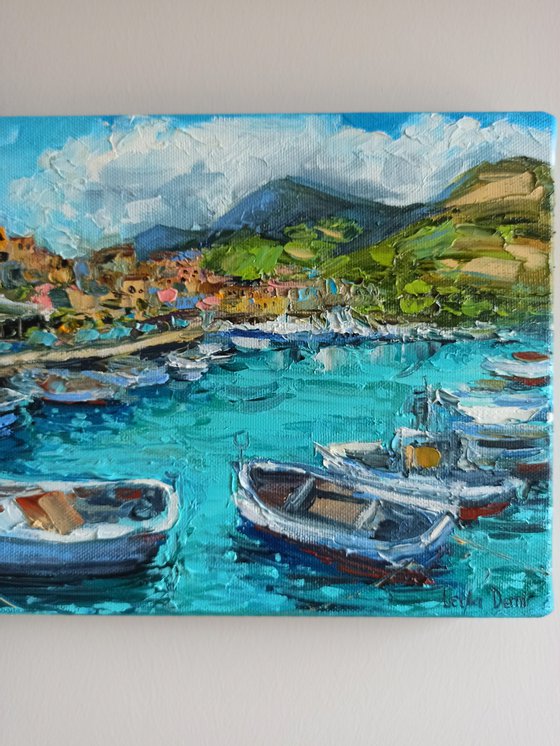 Beach towns in Tuscany oil painting blue ocean landscape wall decor 7x11"