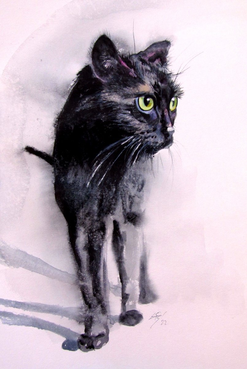 Impressionistic Watercolour , Black Cat By Kovacs Anna Brigitta, 13 X 20, Artwork For Sale On Artfinder
