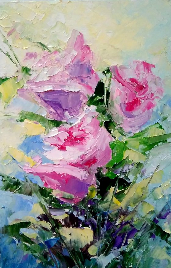 Pink Roses Painting Floral Original Art Small Oil Artwork Flower Wall Art