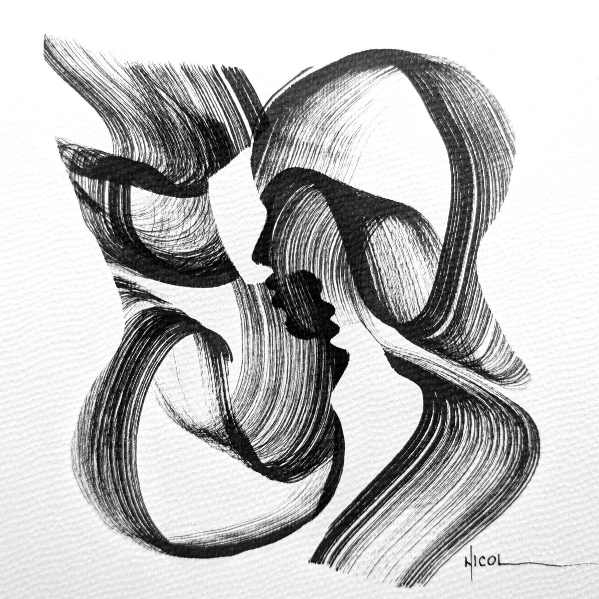 Expressive Portrait Ink Drawing By Nicol Vacaru, 8 X 8", Whispers In The Curve, Original Artwork