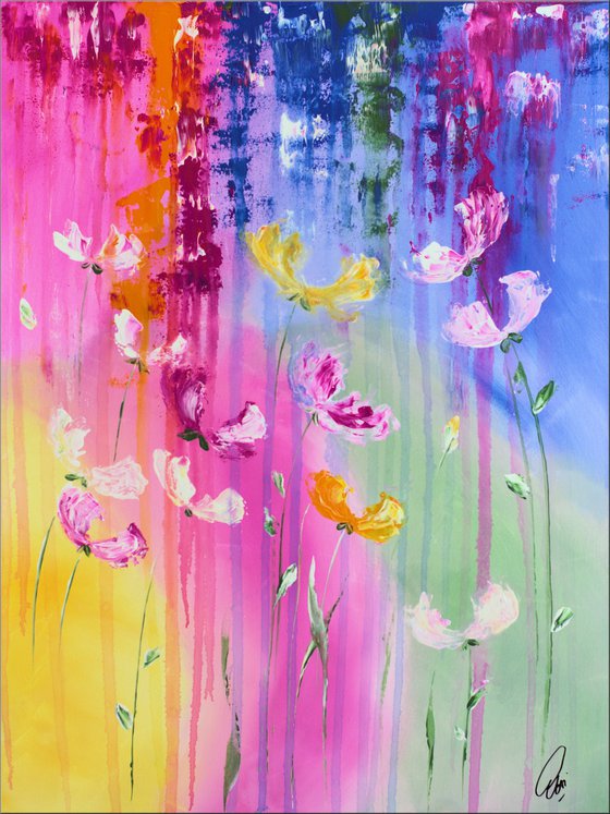 Summer Fun  - abstract flower painting, framed art