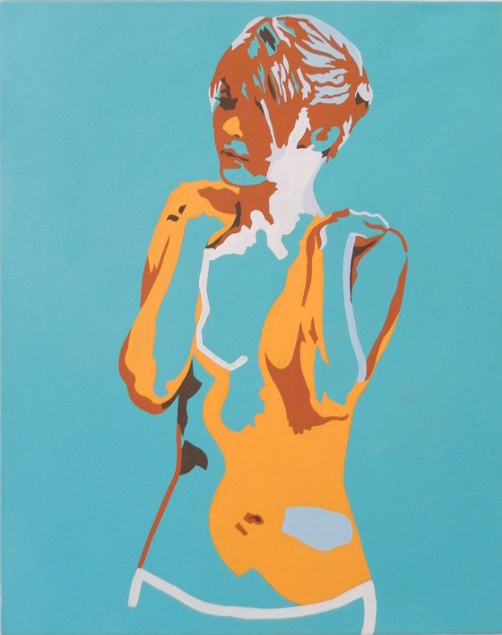 Standing Female Nude In Cerulean Blue and Yellow