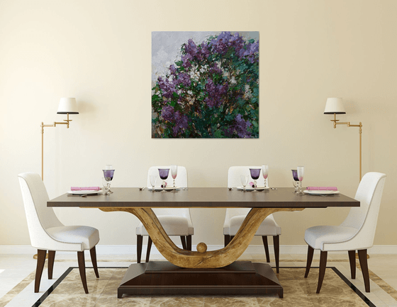 Blooming purple lilacs Original oil painting 90 x 90 cm