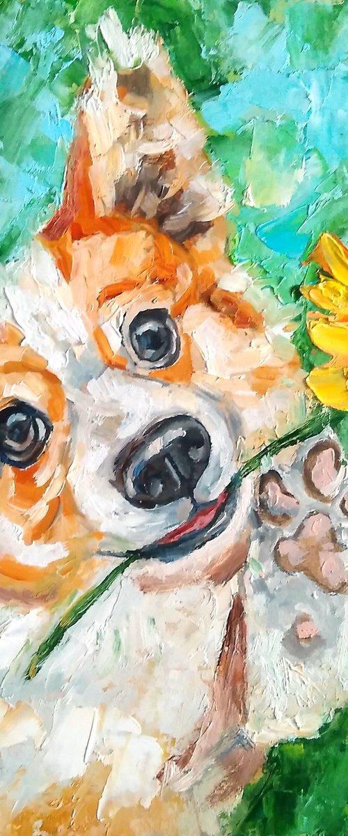 Happy summer, Corgi Painting Original Art Dog Artwork Pet Portrait Wall Art by Yulia Berseneva