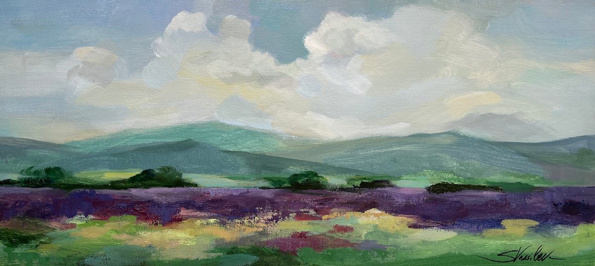Impressionistic Landscape Acrylic Painting By Silvia Vassileva, 26 X 12", My Lavender Field Ii, Original Artwork