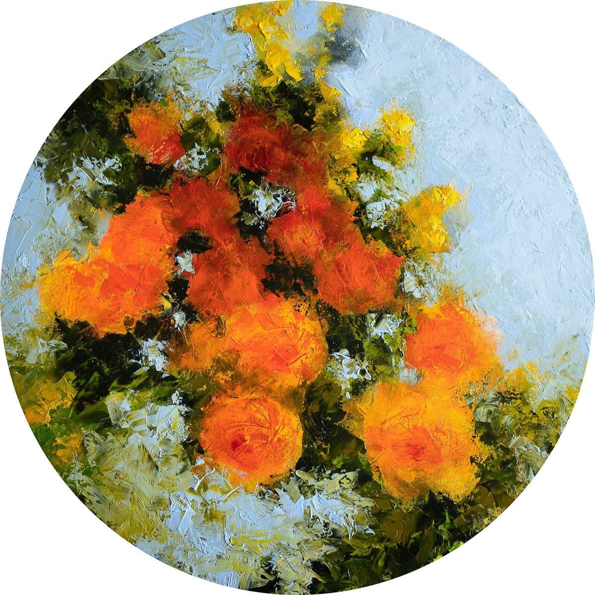 Floral with orange roses - Circular Original oil painting knife palette - One of a kind ar... by Fabienne Monestier