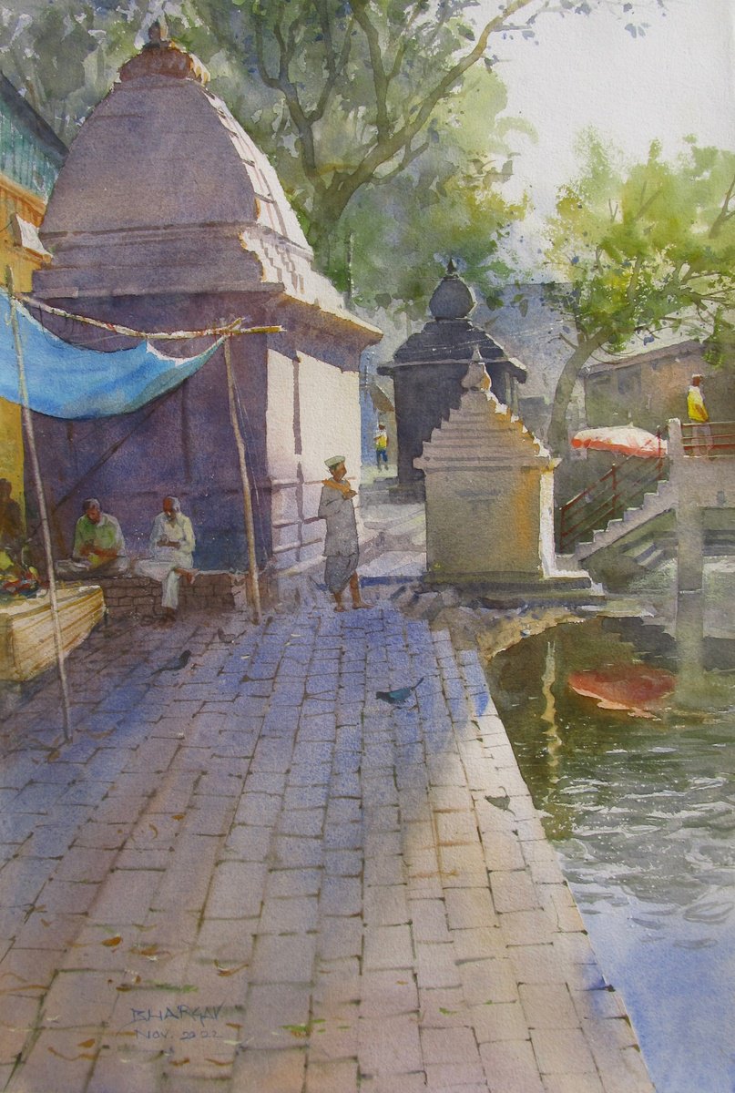 Impressionistic Landscape Watercolour By Bhargavkumar Kulkarni, 14 X 21, Morning At Godavari Ghat, Original Artwork