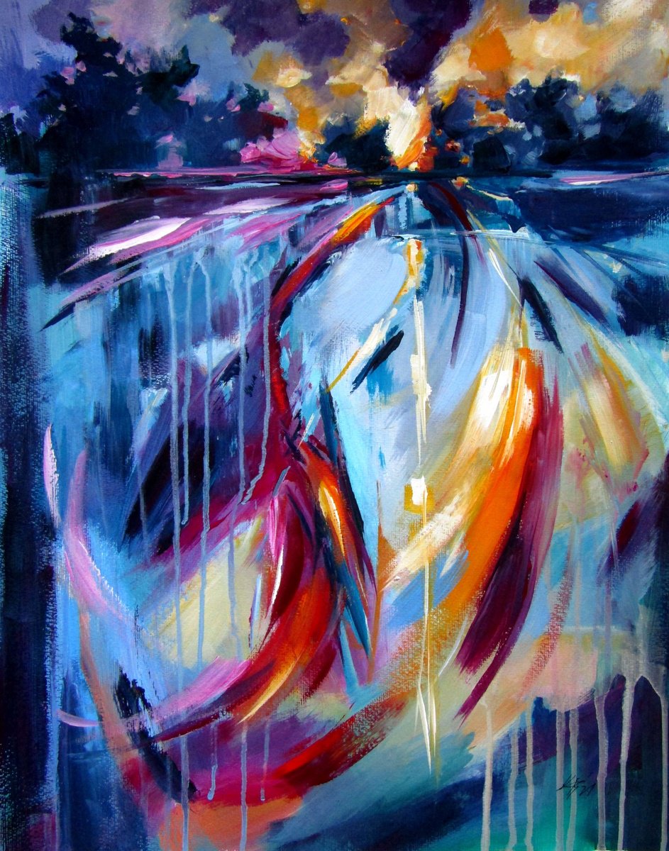 Abstract Landscape Acrylic Painting By Kovacs Anna Brigitta, 20 X 26", Landscape Impression, Original Artwork