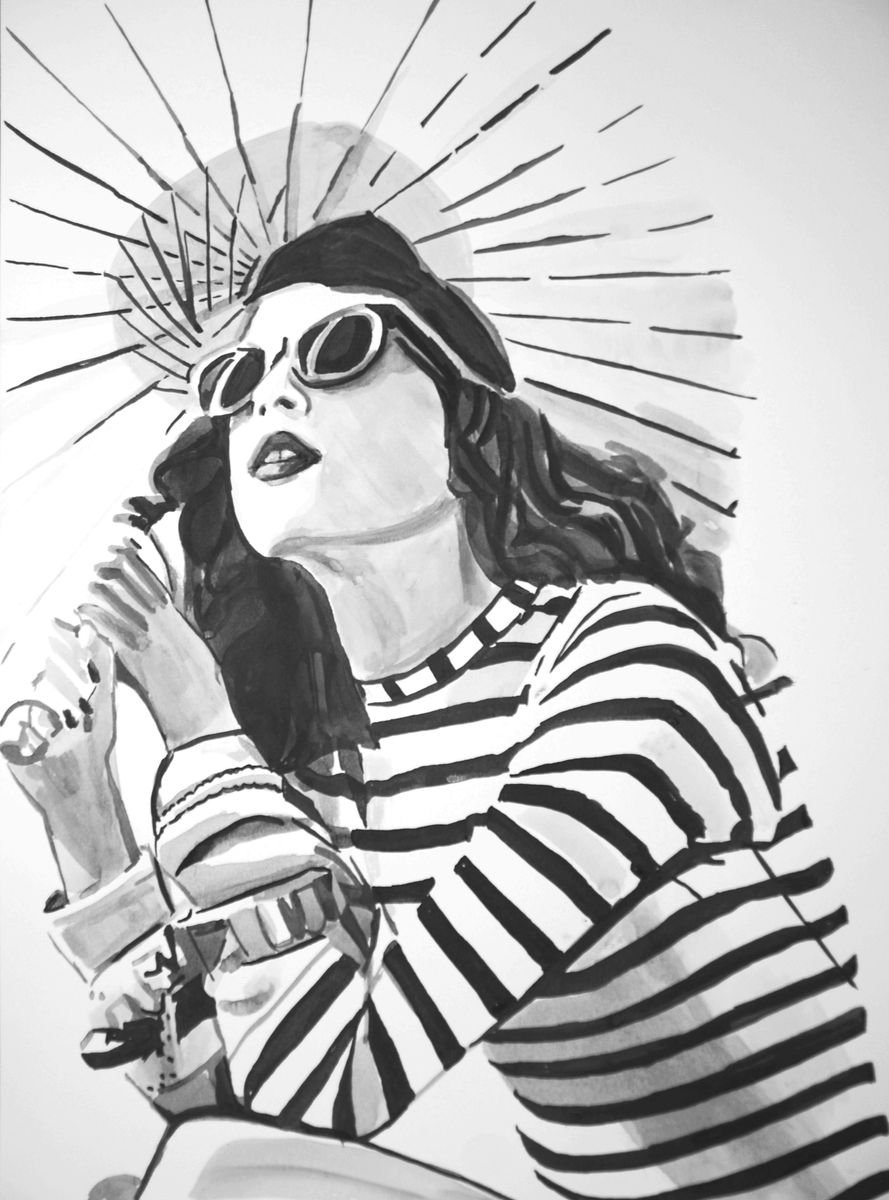 Urban And Pop Portrait Ink Drawing By Alexandra Djokic, 14 X 20, Girl With Umbrella, Original Artwork