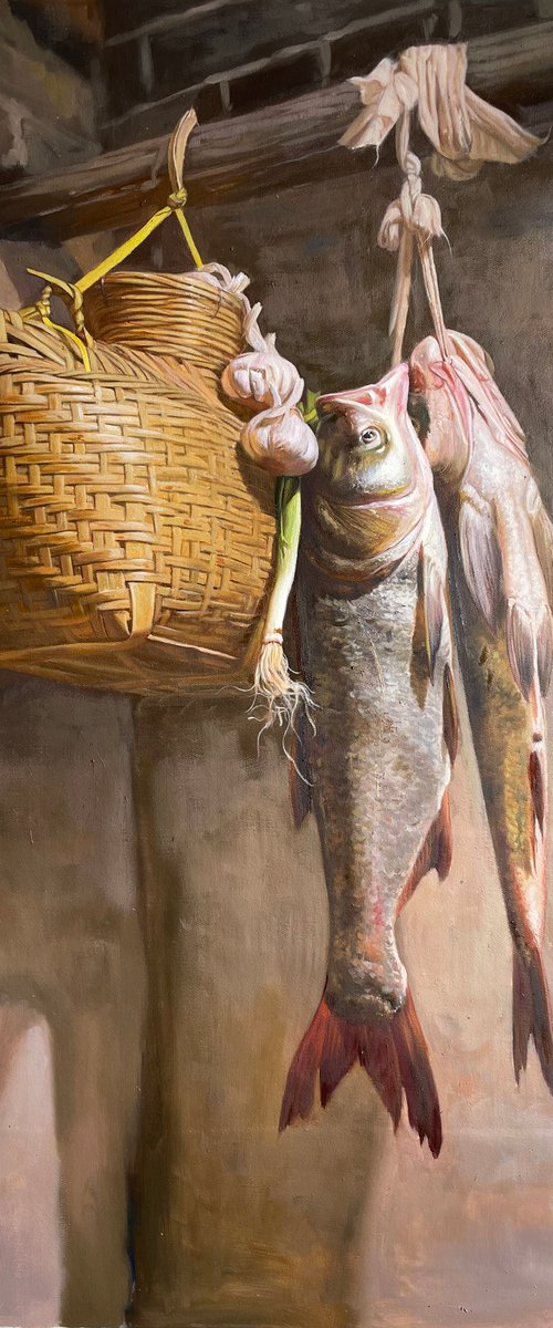 Still life painting:Fish and wicker basket by Kunlong Wang