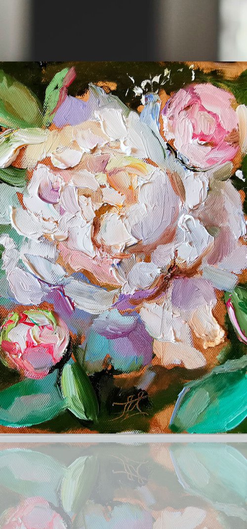 Flowers blossom Mini Boho Painting Textured Peony Miniature by Annet Loginova