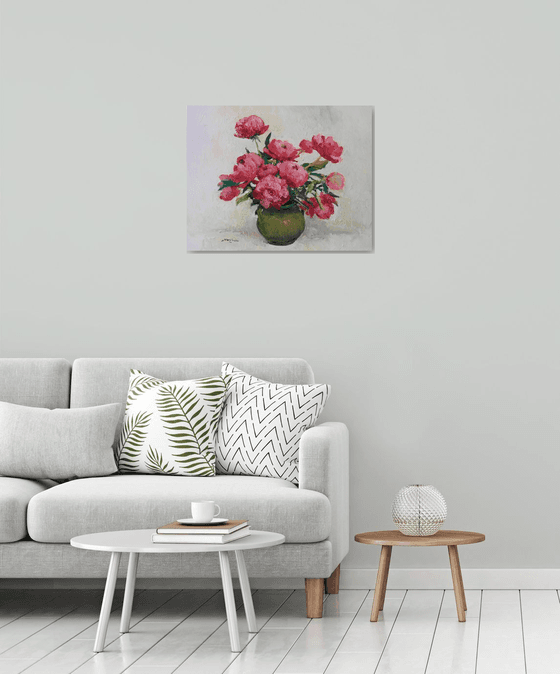 Peonies in Olive Green Vase