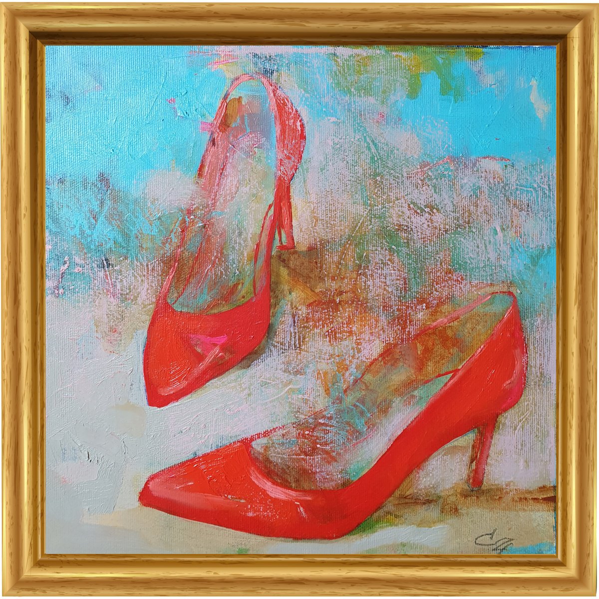 Impressionistic Still Life Oil Painting By Victoria Cozmolici, 12 X 12", New Shoes, Original Artwork