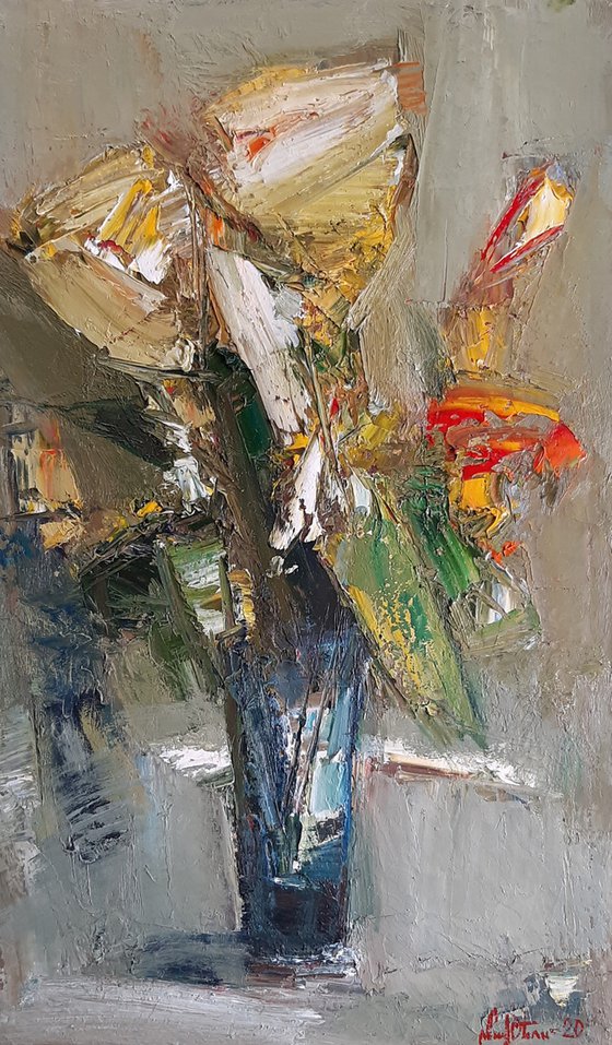 Still life - flowers, 30x50cm, oil painting, palette knife