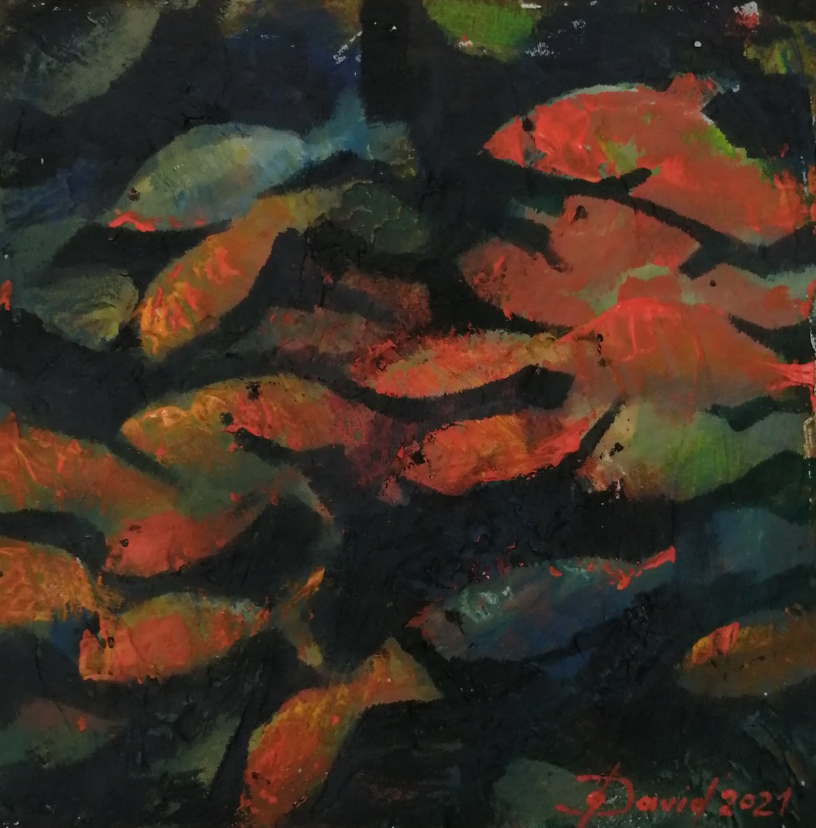 Expressive Animal Painting By Olga David, 12 X 12", School Of Fish, Original Artwork