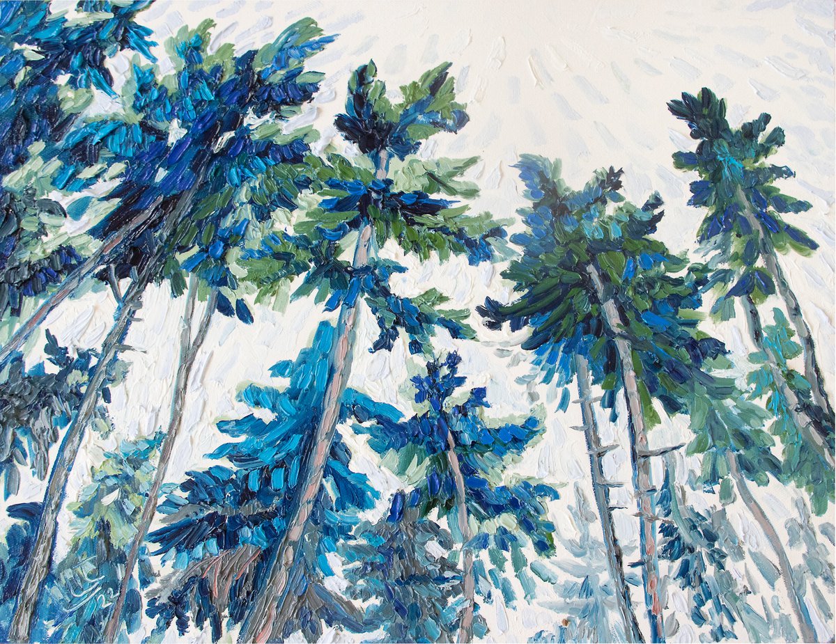 Impressionistic Landscape Oil Painting By Lilit Vardanyan, 20 X 16", Blue Pine Trees, Original Artwork