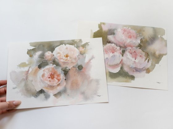 Peonies and roses, Set of 2 paintings