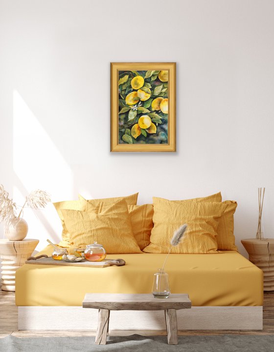 LEMON TREE - original watercolor painting - sunny yellow and green color - Valentine day gifts - Gifts for him - Gift for her