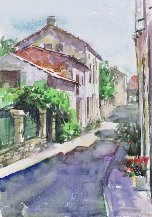 Montcabrier. Street of the small french town. Watercolour by Marina Trushnikova. Cityscape. Architectural scenery. Plain air artwork. by Marina Trushnikova