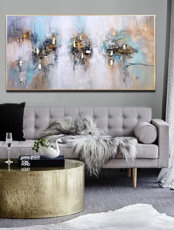 Harmony - Abstract Painting 60" x 30" Large Abstract Gold Leaf Soft Colors White Gray Painting